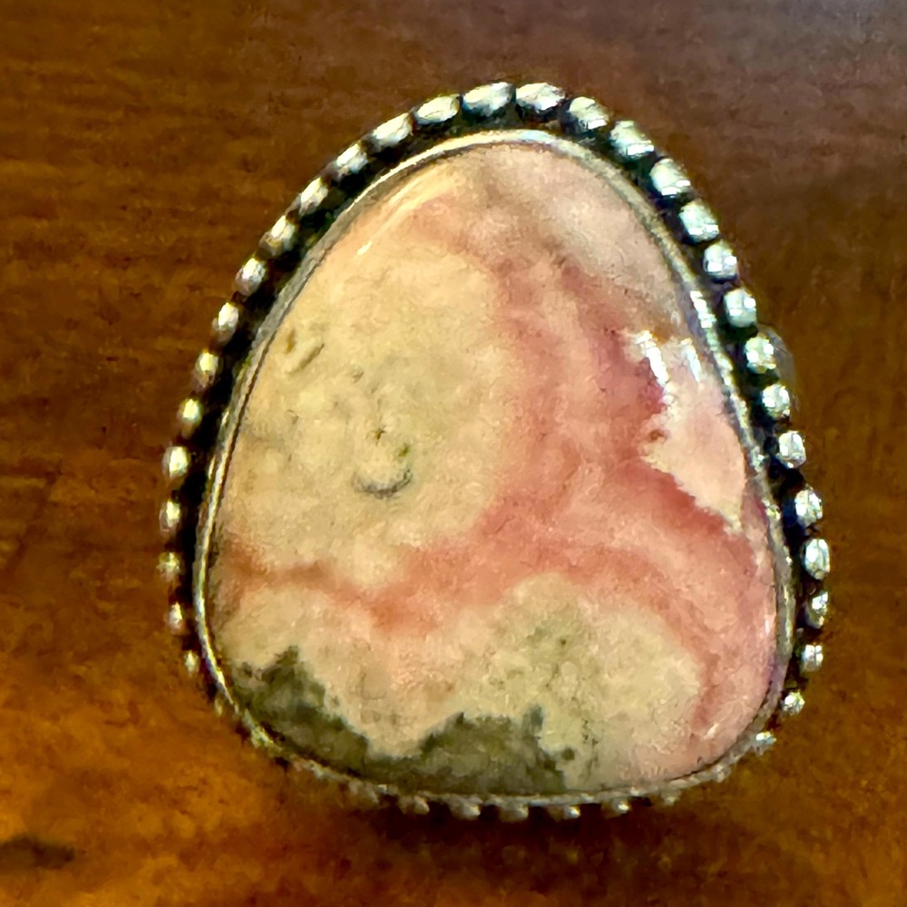 Rhodochrosite Gemstone Handcrafted India, Ethnic Pink, Silver plated Ring Size 8 - Picture 5 of 8